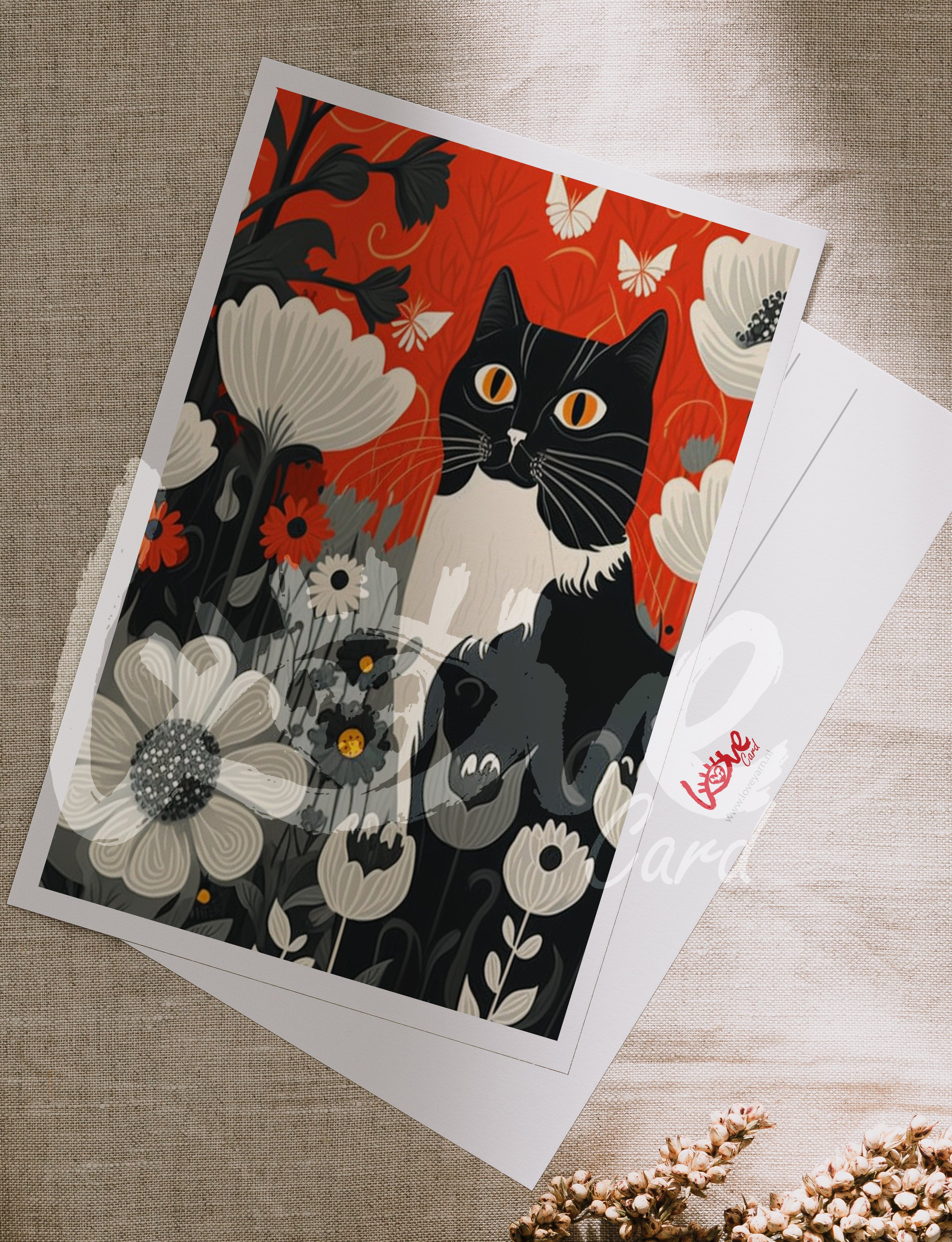 Postcard Black cat & white butterflies