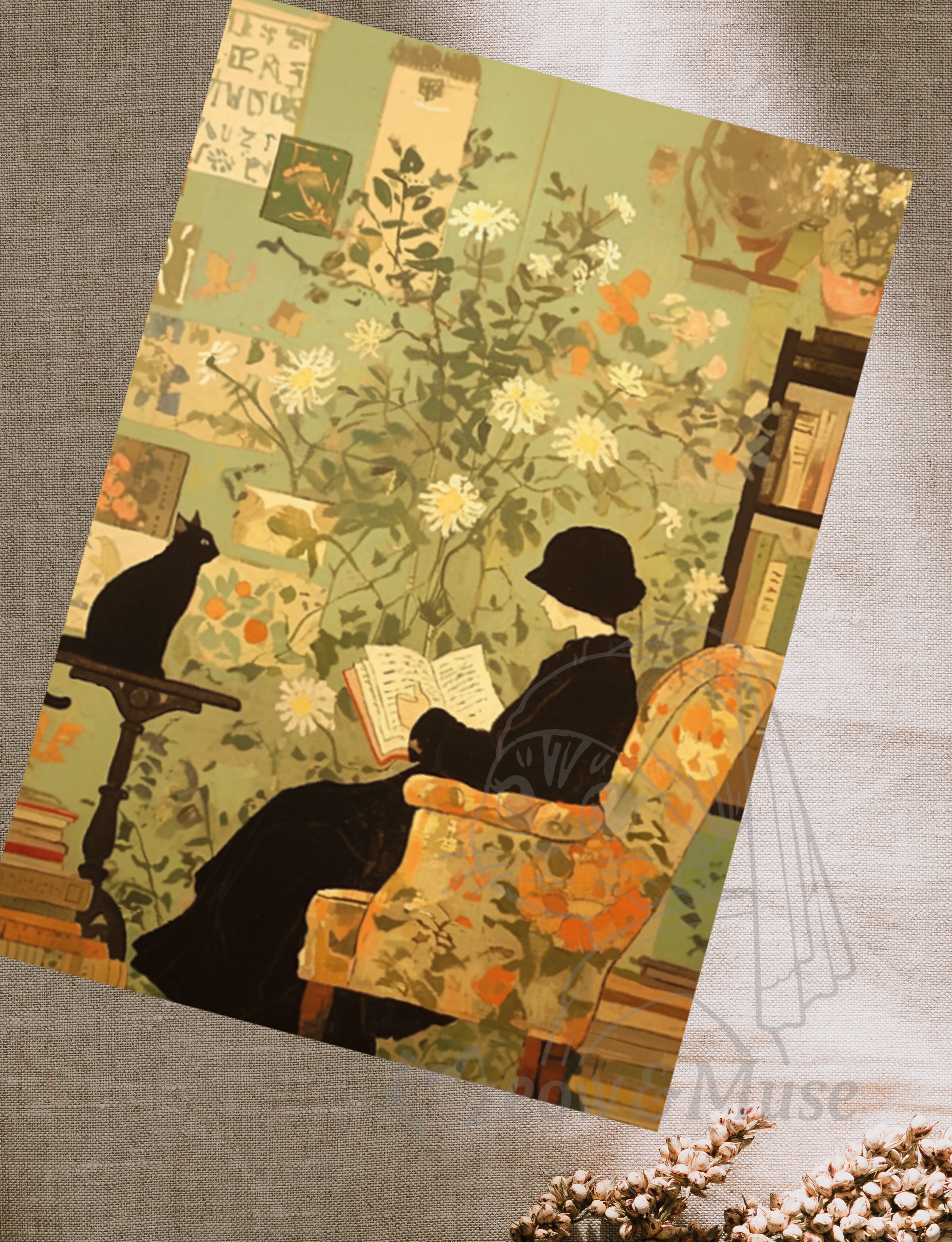 Postcard 'Reading woman and black cat'