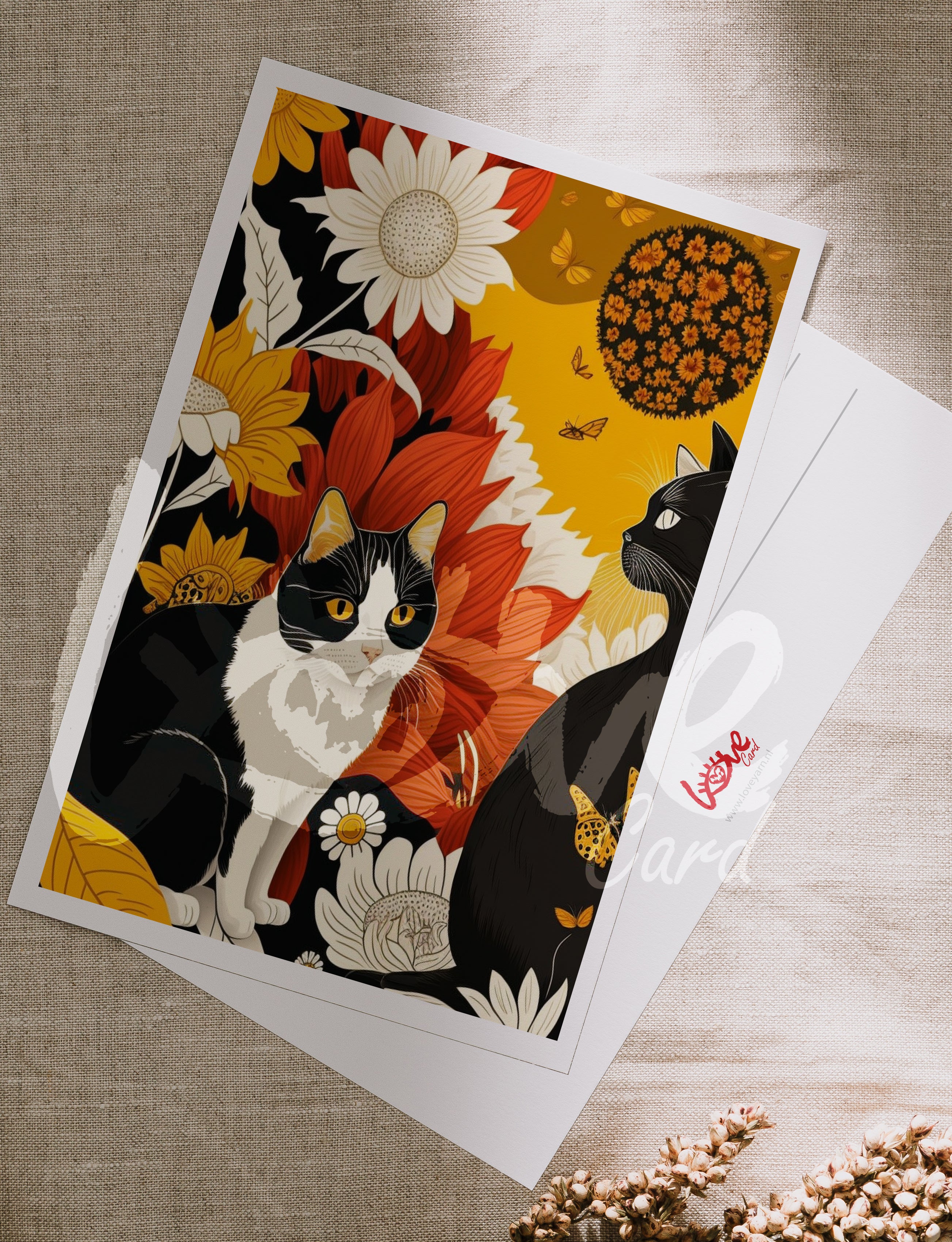 Postcard '2 cats sun flowers'