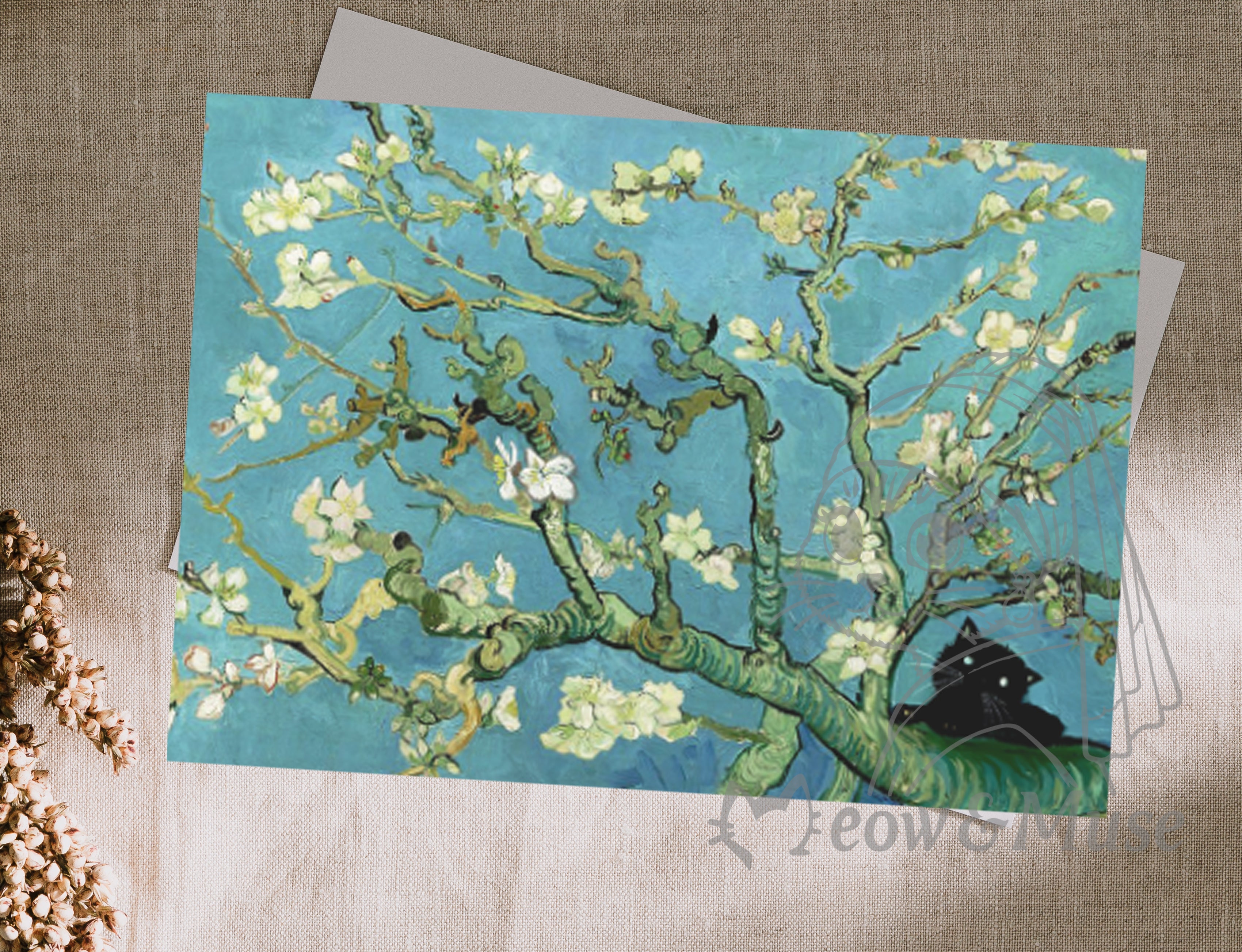 Postcard 'Black cat and Almond blossoms '