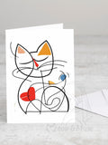 Greeting card 'Line drawing cat with a heart' with envelope