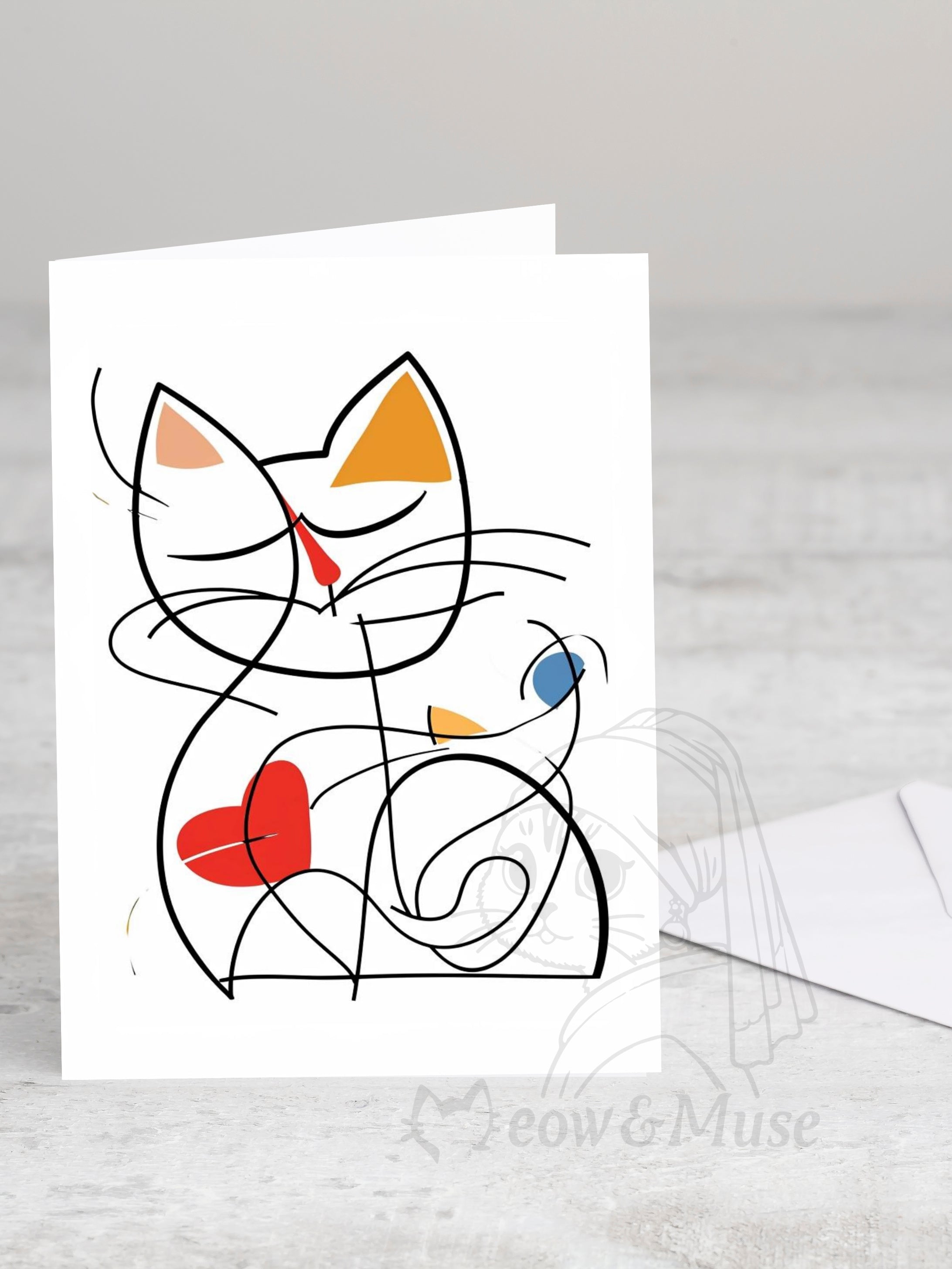 Greeting card 'Line drawing cat with a heart' with envelope