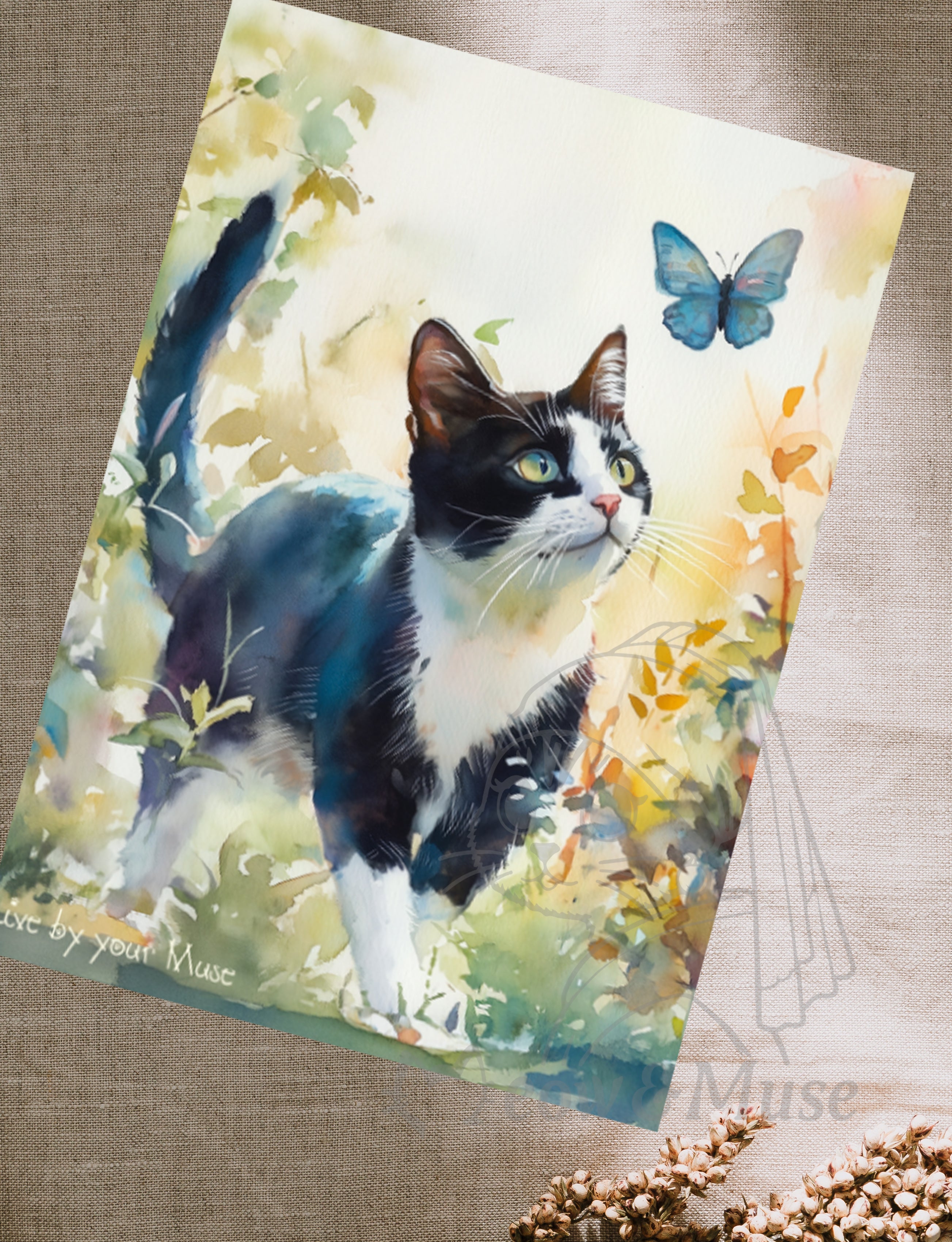 Postcard 'Curious Cat and Butterfly'