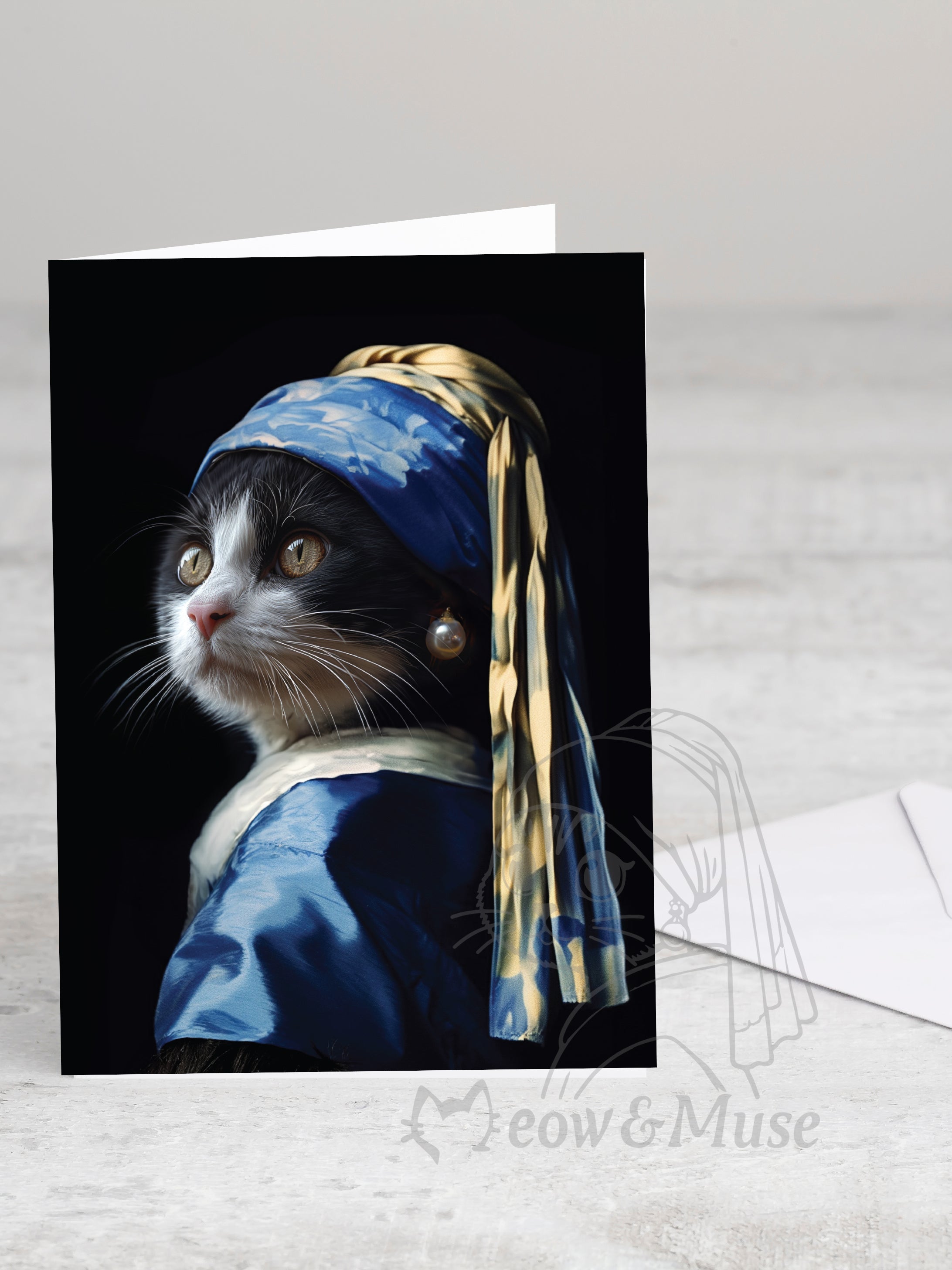 Greeting card 'Vermeer cat Tuxedo' with envelope