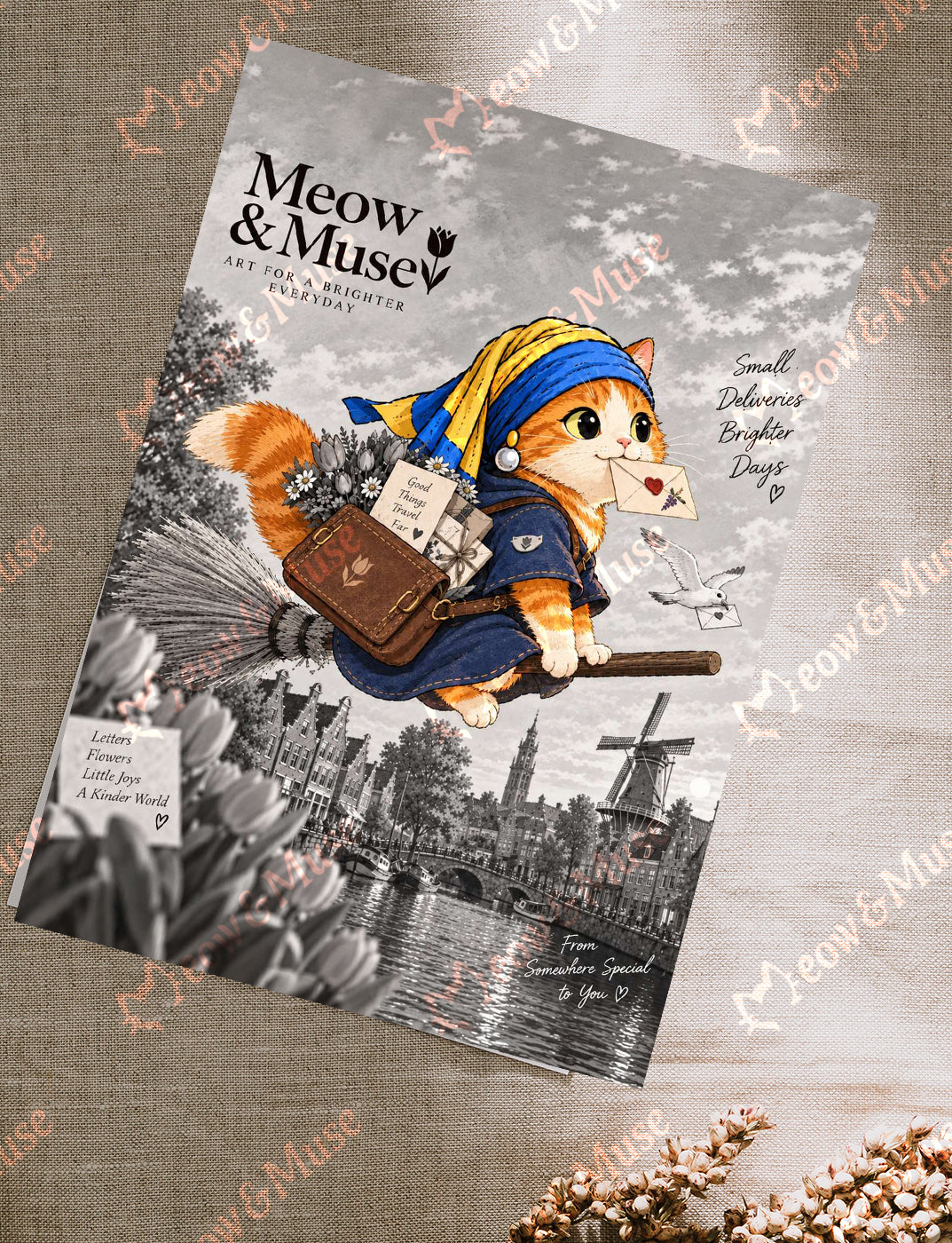 Postcard 'Vermeer cat travel far'