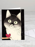 Greeting card 'Black face cat with heart' with envelope