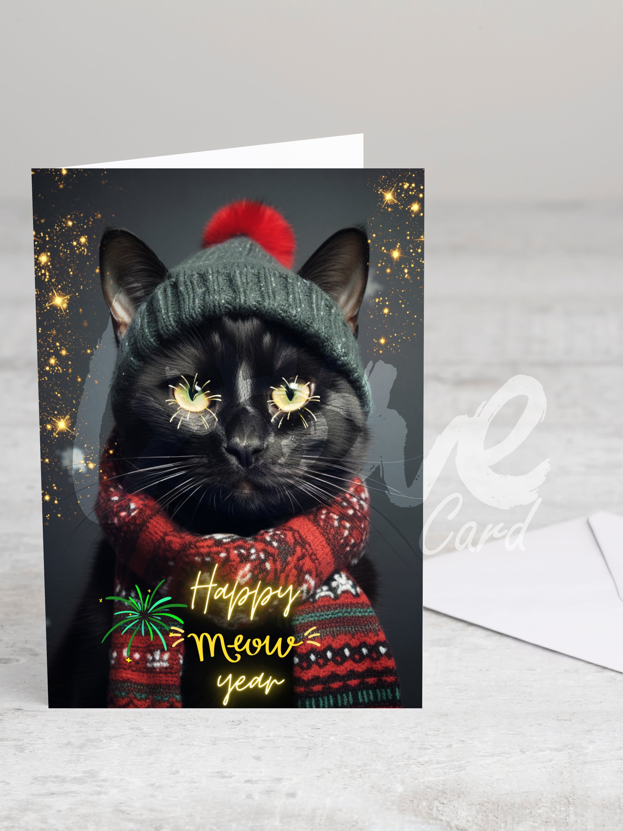 Greeting card 'Happy Meow Year!' with envelope