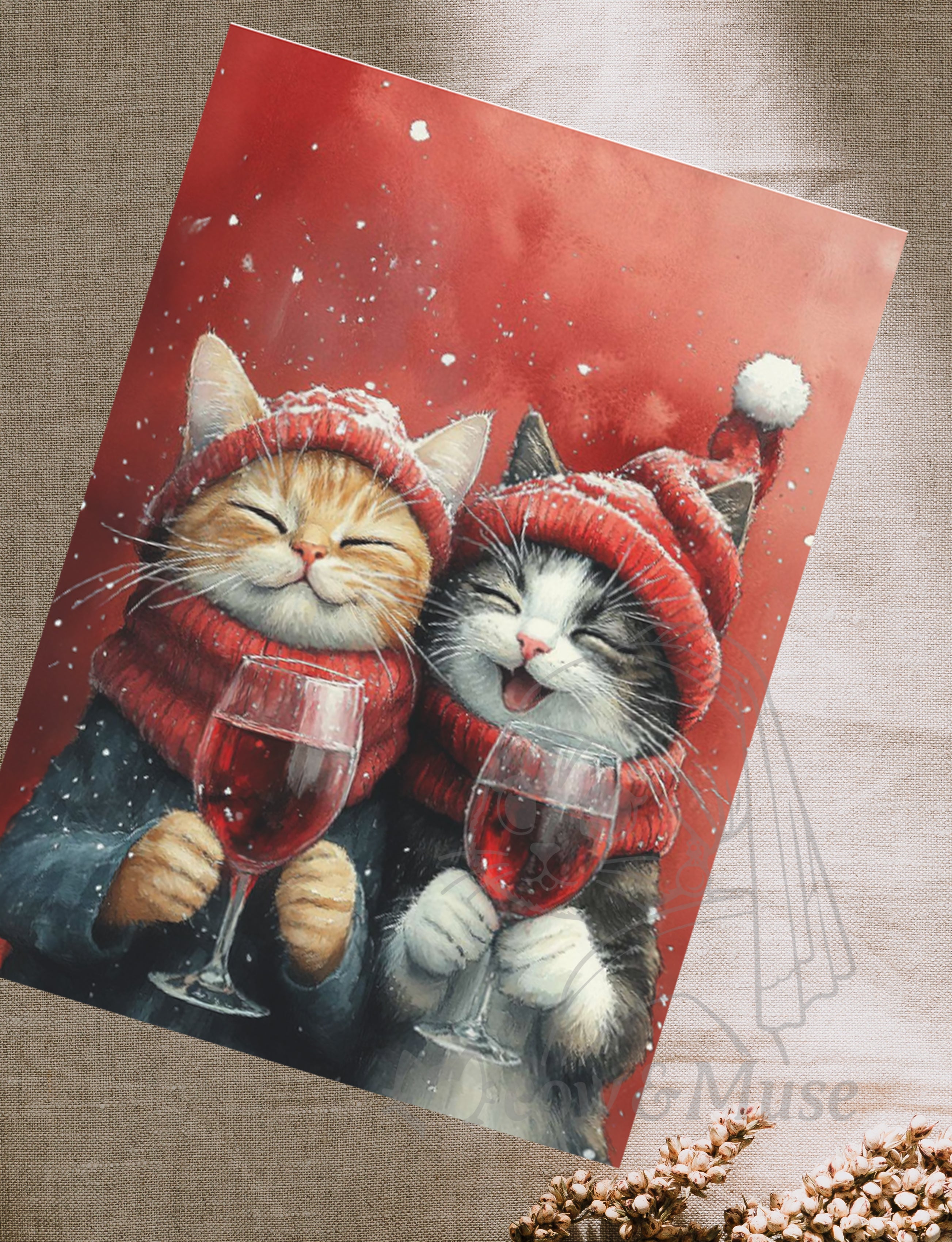 Postcard '2 cats with wine in winter'