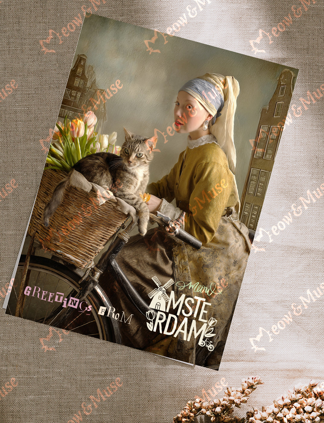 Postcard 'Greeting from AMS bycicle girl with cat'