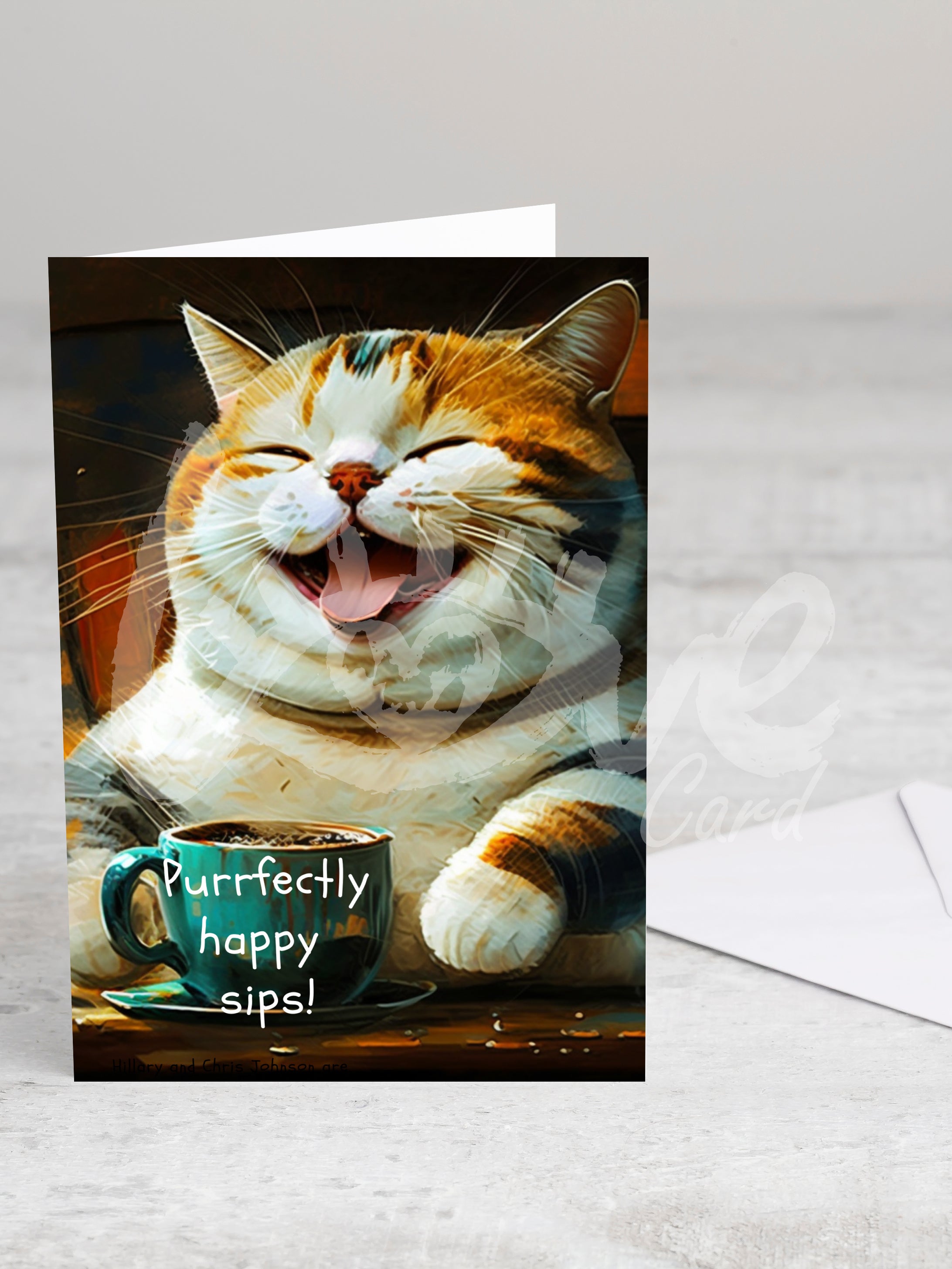 Greeting card 'Purrfectly happy sips!' with envelope