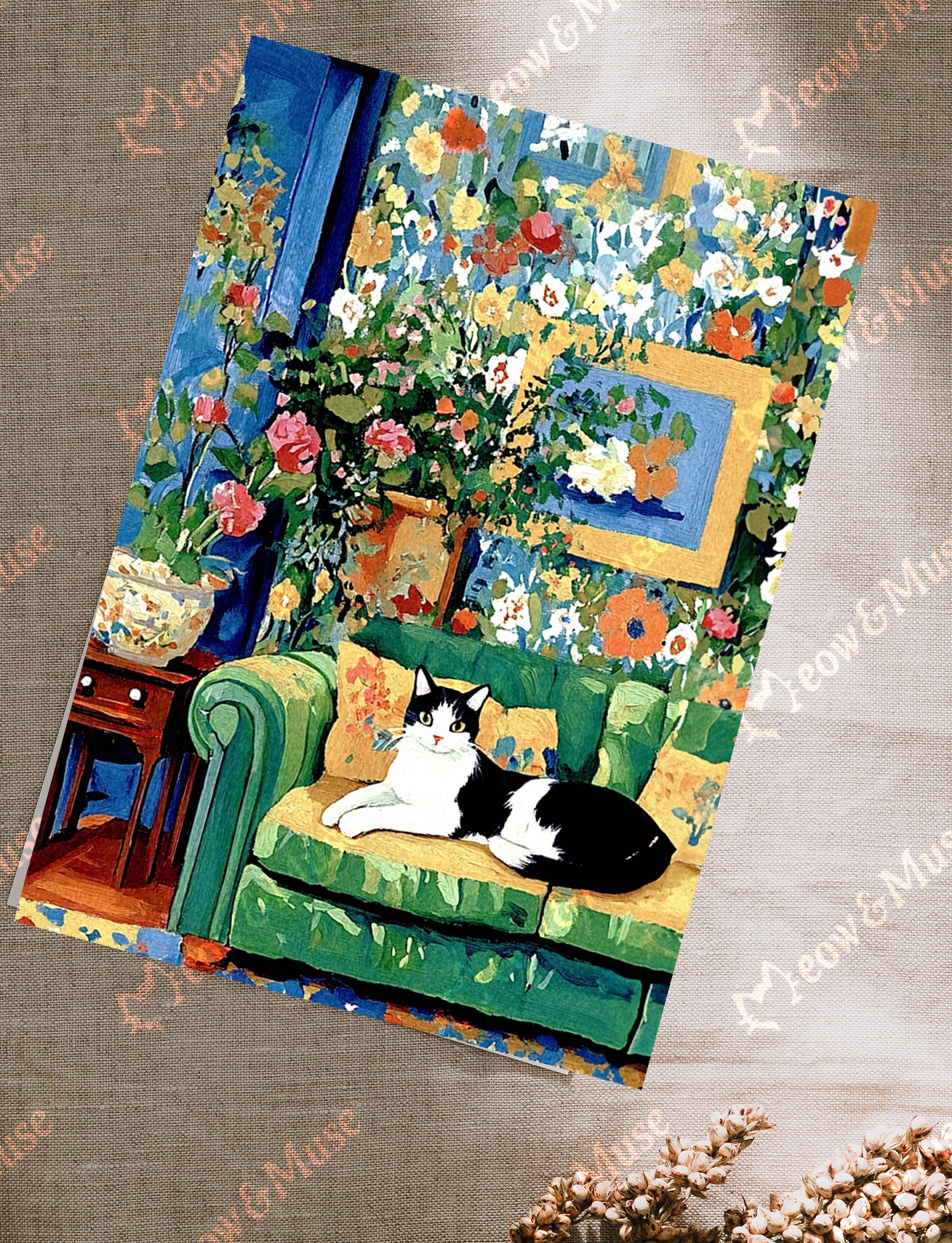Postcard 'Tuxedo cat on the sofa'