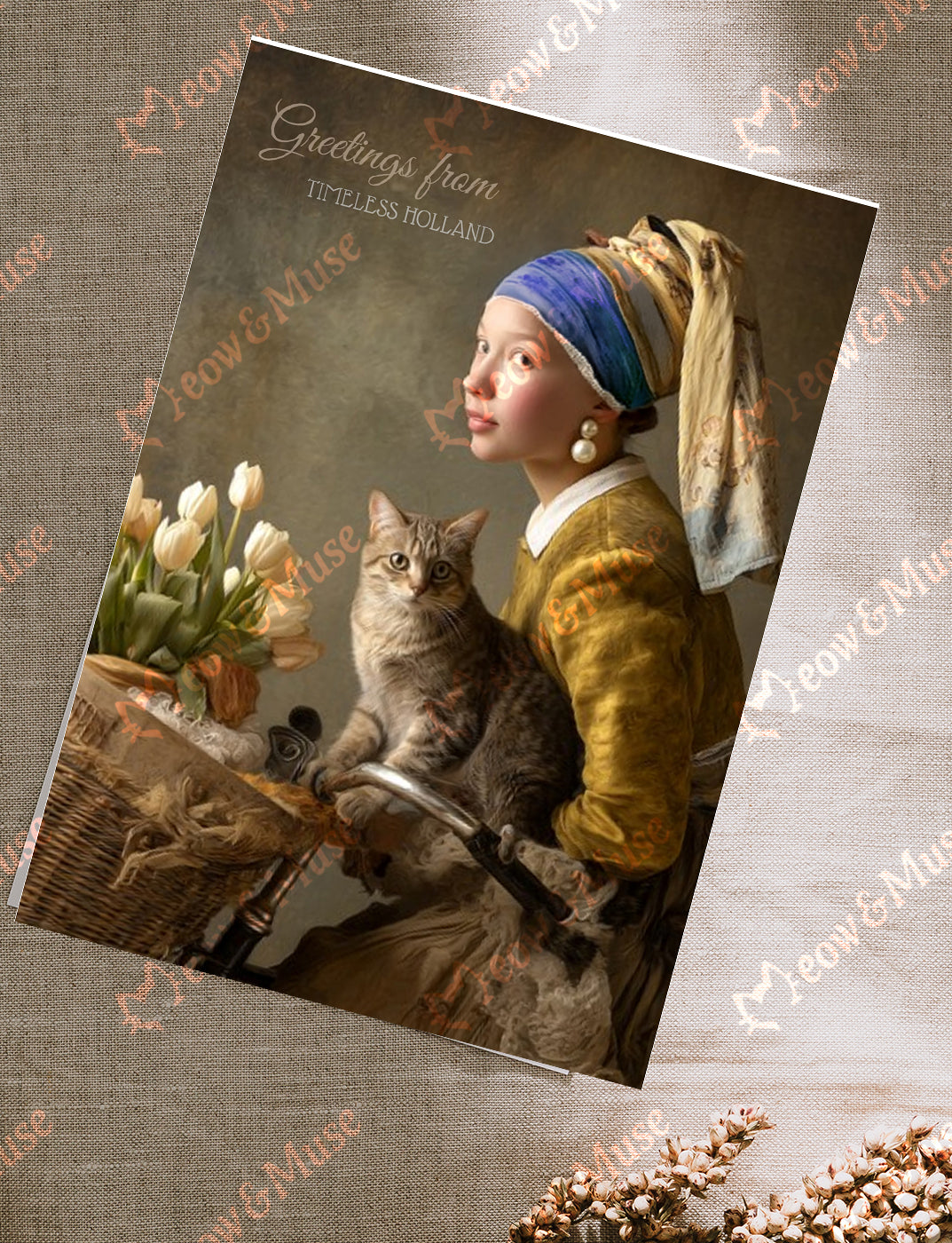 Postcard ' Greeting from Holland bycicle girl with cat'