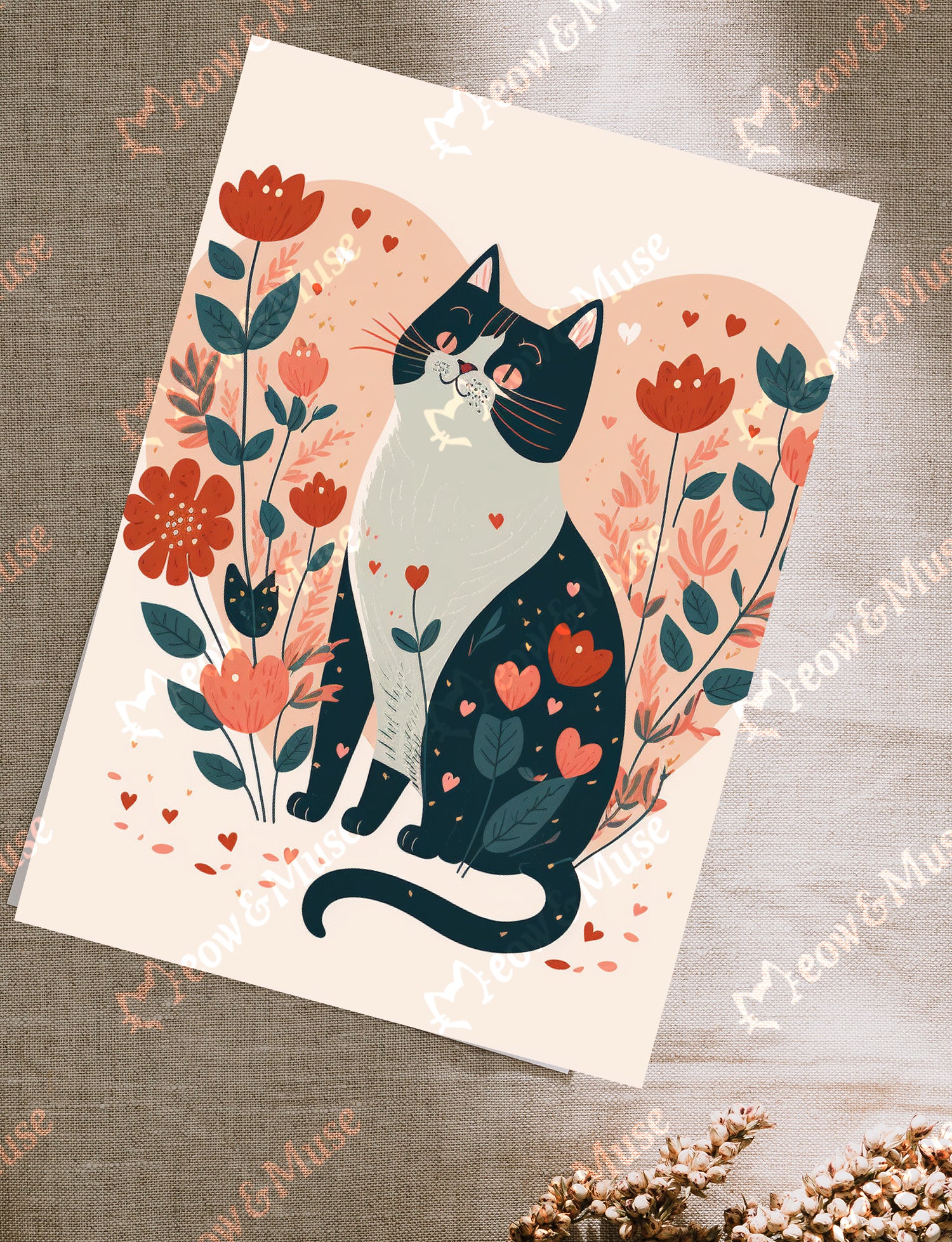 Post card 'Tuxedo heart and flowers'