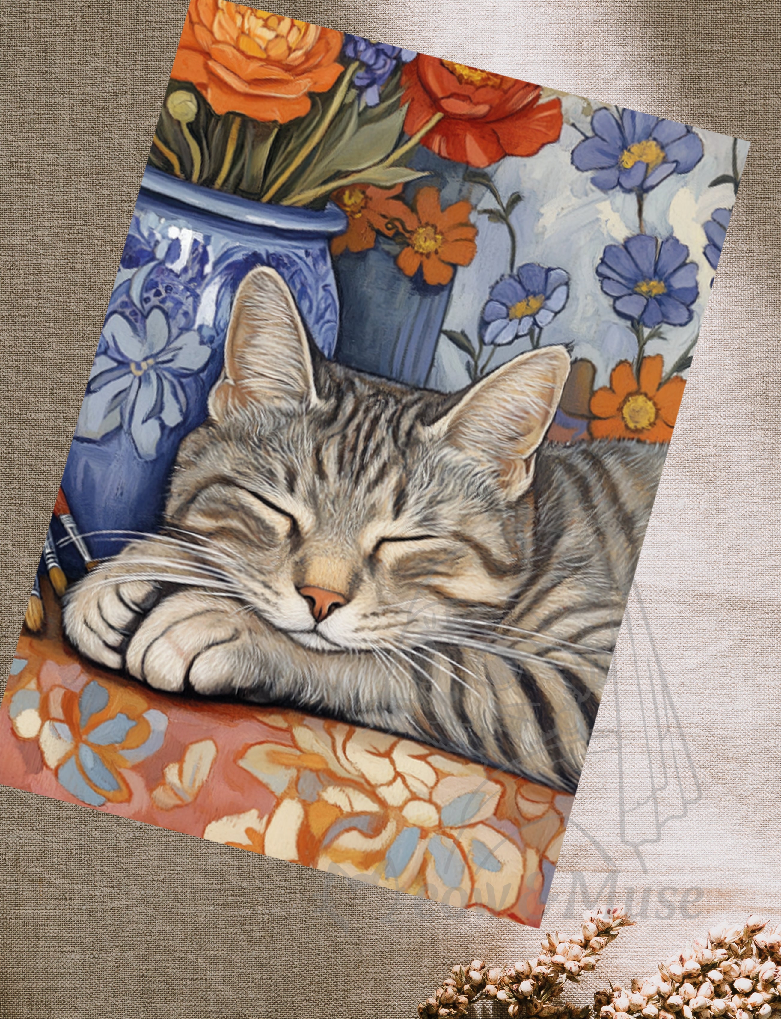 Postcard 'Sleeping Cat with Flowers'