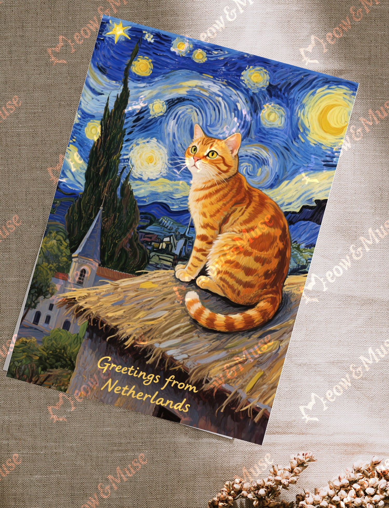 Postcard 'Greeting from NL Starry night cat'