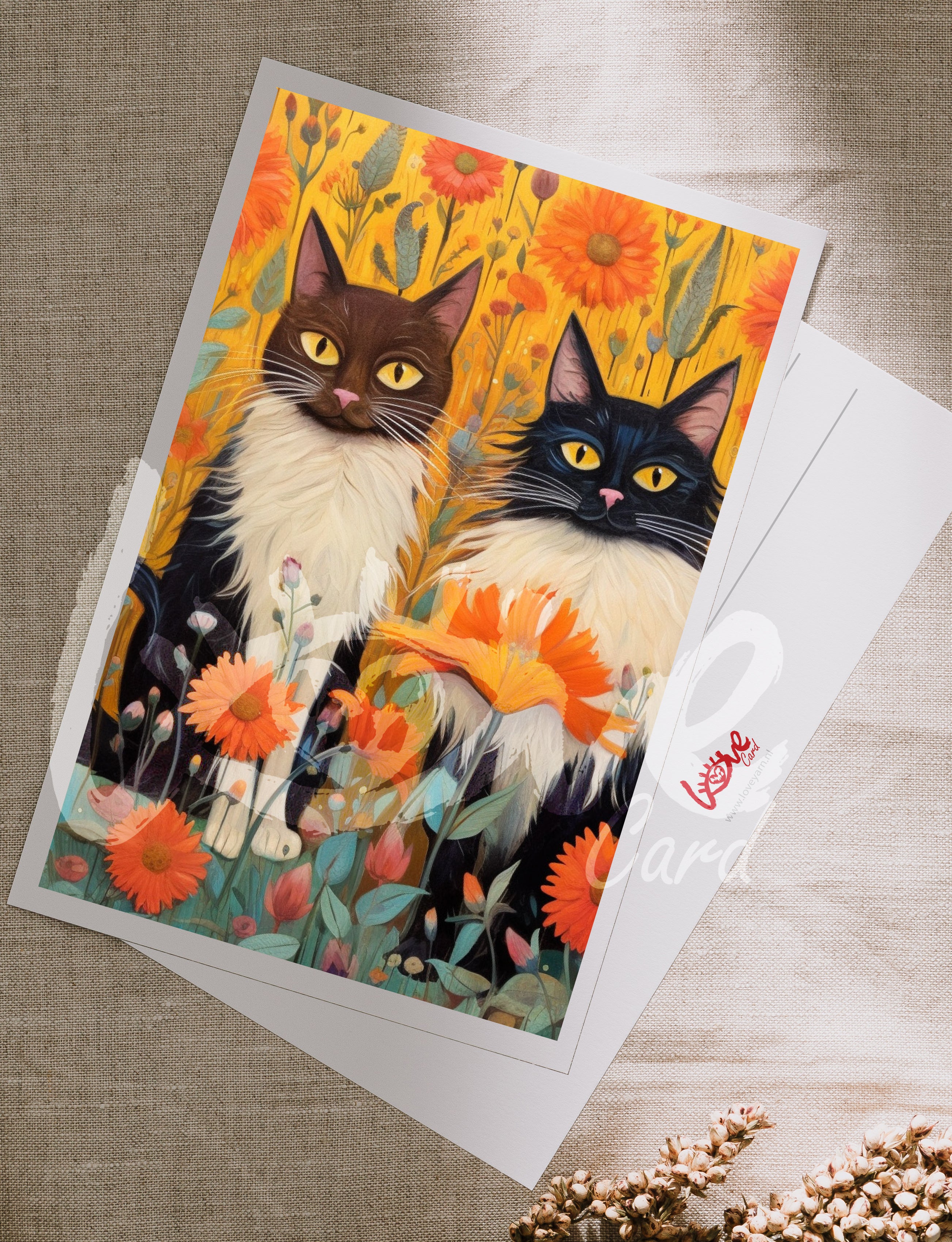 Postcard '2 cats flowers'